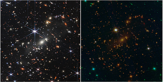 Vlevo je snímek poízený Webbovým teleskopem, vpravo stejný prostor zachycený...