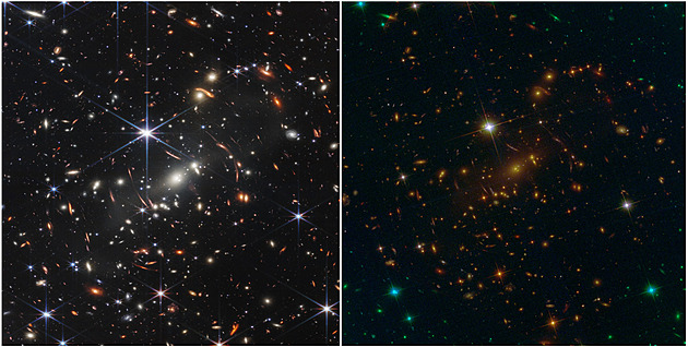 Porovnejte: takto vypadá stejná část vesmíru z Webbova a Hubbleova teleskopu