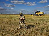 Ruský voják střeží oblast, zatímco farmáři sklízí pšenici na poli nedaleko...