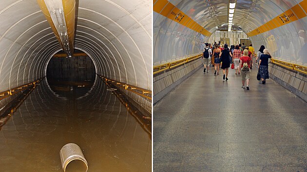 Srie srovnvacch fotografi k vro niiv povodn v Praze v roce 2002. Prchod mezi trasami metra C a B na stanici Florenc.