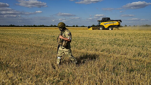 Ruský voják střeží oblast, zatímco farmáři sklízí pšenici na poli nedaleko Melitopolu na jihu Ukrajiny. (14. července 2022)