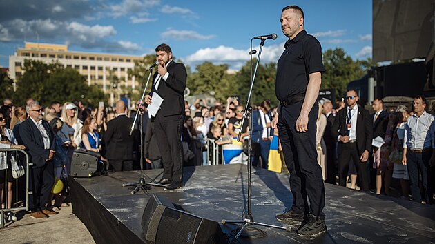 Ukrajinsk ministr vnitra Denys Monastyrskyj na zahjen vstavy znekodnn rusk vojensk techniky na Letn v Praze. (11. ervence 2022)