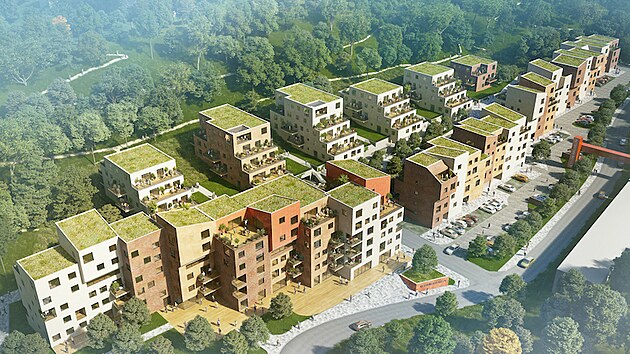 Vizualizace: nvrh projektu obytnho souboru Krumlovsk Vltavn od architektonickho ateliru A8000 pot s obnovou potoka, velkorysmi balkony, lodiemi a terasami i zelenmi stechami.