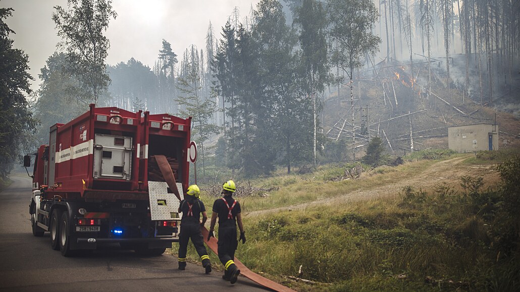 Lesní poár v Národním parku eské výcarsko. Poár likviduje na 410 hasi,...