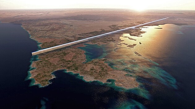 Plánovaná podoba města nazvaného The Line u Rudého moře v Saúdské Arábii. (26. července 2022)