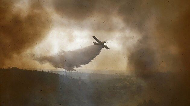 Hasisk letadlo shazuje nklad na lesn por, kter zu v obci Casal da Quinta u Leirie ve stednm Portugalsku. (12. ervence 2022)