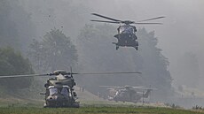 Vrtulníky Bundeswehru pistávají na bezích Labe, aby pomohly s hasiským...