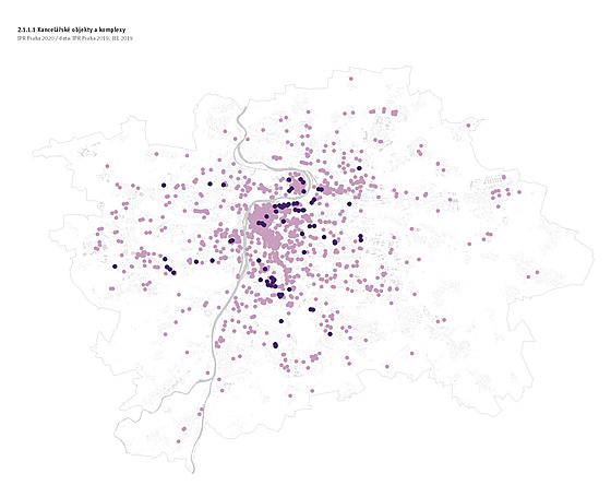 Teky na mapce Prahy pedstavují kanceláské objekty.