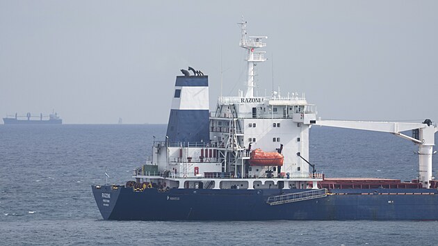 Nákladní loď Razoni, jež převáží kukuřici z Ukrajiny, kotví u Bosporského průlivu. (3. srpna 2022)