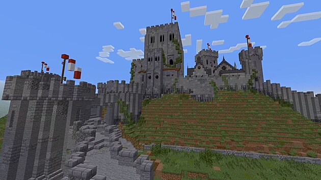 Model zříceniny hradu Corfe vytvořený v Minecraftu