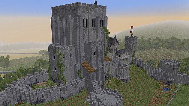 Model zříceniny hradu Corfe vytvořený v Minecraftu