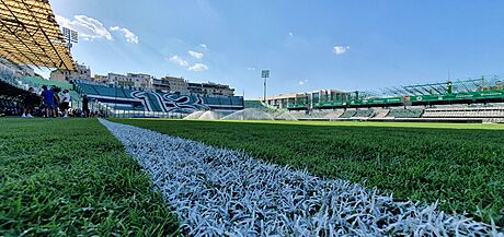 Je to vbec tráva? Povrch na stadionu Panathinaikosu v Aténách na první pohled...