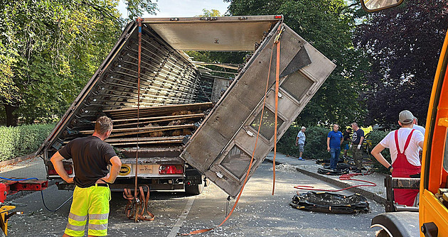 V centru Rakovníku se převrátil kamion s tisíci slepic, část nepřežila