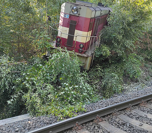 Na nádraží v Chebu vykolejila lokomotiva, skončila mimo trať v křoví