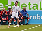 Milan Petrela ze Slovácka se raduje z gólu v play off Konferenní ligy proti...