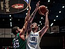 eský basketbalista Ondej Balvín zakonuje na bulharský ko, brání ho David...