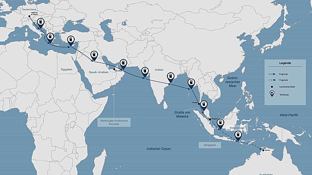 Mapa uniktnho peletu nmeckch bojovch letoun na cvien v indo-pacifick oblasti