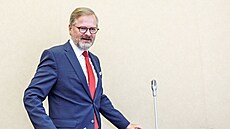 Premiér Petr Fiala před jednáním vlády. (17. srpna 2022)