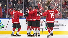 Hokejisté Kanady oslavují vstřelený gól proti Česku.