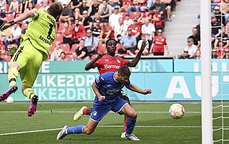 Andrej Kramari z Hoffenheimu (v modrém) stílí hlavou gól v utkání proti...