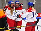 Gólová radost eských hokejistek v duelu s Nmeckem.