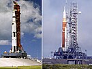 Kombinace fotografií zachycuje raketu Saturn V s kosmickou lodí Apollo 12 na...