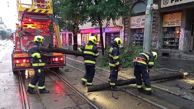 Do 19:30 hasiči v Praze zasahovali u bezmála čtyřicítky případů, které souvisely s vydatným deštěm a bouřkou. (26. srpna 2022)