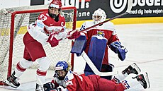 Josefine Jakobsenová (vlevo) z Dánska v akci b�hem hokejového utkání �en na...