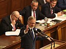 Premiér Petr Fiala ve Sn�movn� p�ed hlasováním o ned�v��e vlád�. (1. zá�í 2022)
