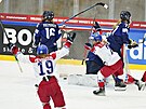 eské hokejistky slaví postupový gól proti Finsku, rozhodla Aneta Tejralová.