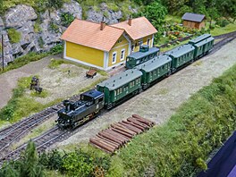 Model nádraí Arnsgrün v mítku H0. Osobní vlak s lokomotivou ady 310 míí do...