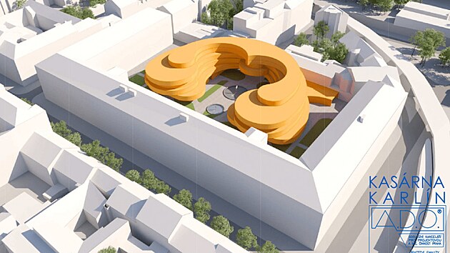 Kas�rna Karl�n podle architekt� sdru�en� A.D.O, uvnit� by byl ob�� lotosov� kv�t.