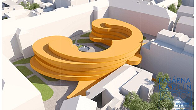 Kas�rna Karl�n podle architekt� sdru�en� A.D.O, uvnit� by byl ob�� lotosov� kv�t.