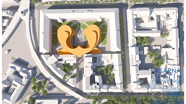 Kas�rna Karl�n podle architekt� sdru�en� A.D.O, uvnit� by byl ob�� lotosov� kv�t.