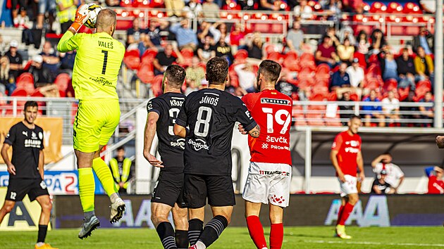 Momentka ze zpasu Zbrojovky Brno proti Bohemians. U me brank Bohemians Roman Vale.