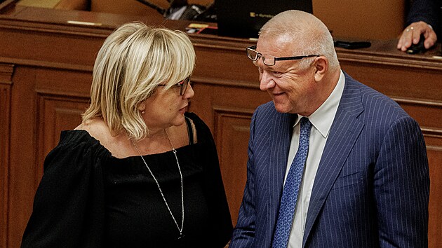 Poslanci Alena Schillerov a Jaroslav Faltnek (oba za Hnut ANO) v Poslaneck snmovn. (2. z 2022)