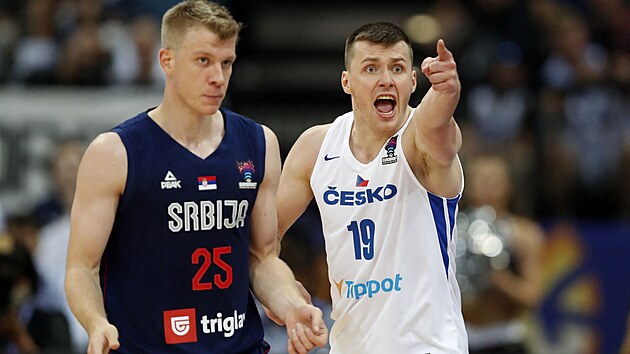 Ondej Sehnal (vpravo) gestikuluje bhem zpasu EuroBasketu v Praze se Srbskem.