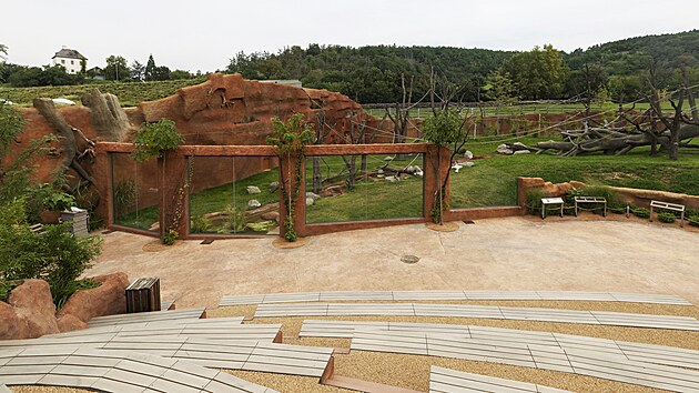 Nový pavilon goril z pohledu návštěvníků, kteří se mohou usadit na vyvýšené dřevěné lavice.