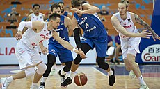 eský basketbalista Jan Veselý (uprosted) bojuje o mí v zápase s Polskem.