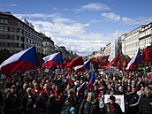 Asi dvě stovky lidí se v centru Prahy sešly na protestu komunistů proti vládě....