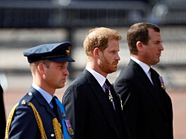 Princ William, princ Harry a Peter Phillips za rakví s ostatky královny Albty...