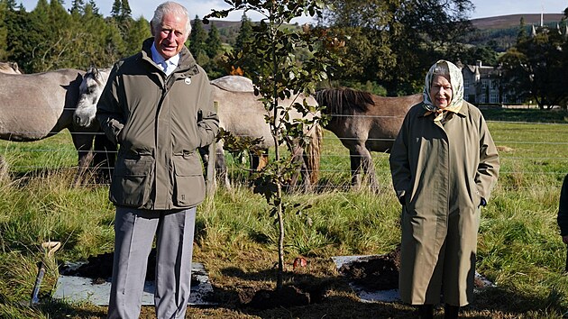 Krlovna Albta II. a princ Charles na panstv Balmoral zasadili strom. (1. jna 2021)