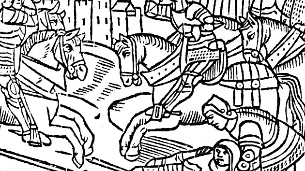 Lancelot v boji, jak jej zachytilo dlo z roku 1513.