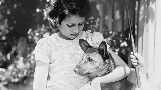 Mladá princezna Alžběta (kolem roku 1938) se svým mazlíčkem corgim, velšským pasteveckým psem, které bude milovat po celý život. 