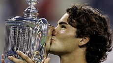 Roger Federer po výhe na US Open v roce 2005.