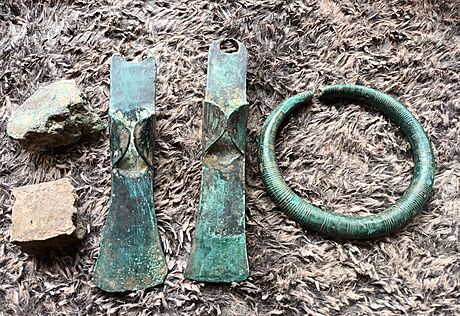 V lese se naly dv bronzové sekery se stedovými laloky, masivní bronzový...