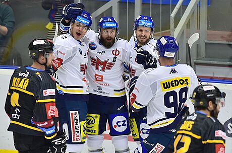 Hokejisté Motoru eské Budjovice slaví gól proti Verv Litvínov.