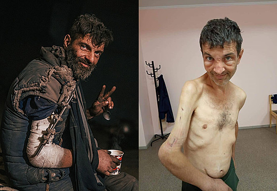 Ukrajinský voják Mychajlo Djanov. Vlevo v ocelárnách Azovstal bhem ruského...