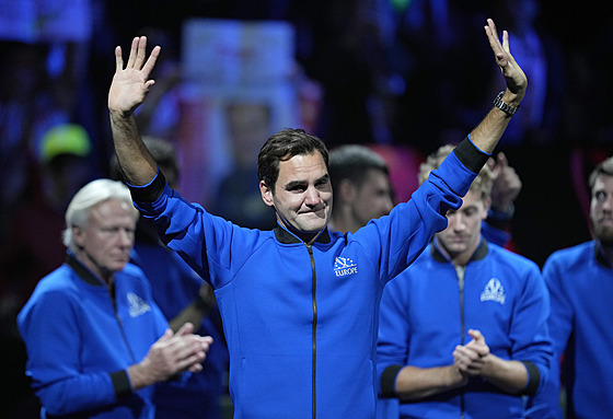 Roger Federer bhem své rozluky na Laver Cupu.