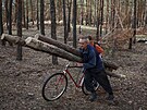 Lidé u ukrajinského Izjumu sbírají v lese devo na topení. (25. záí 2022)